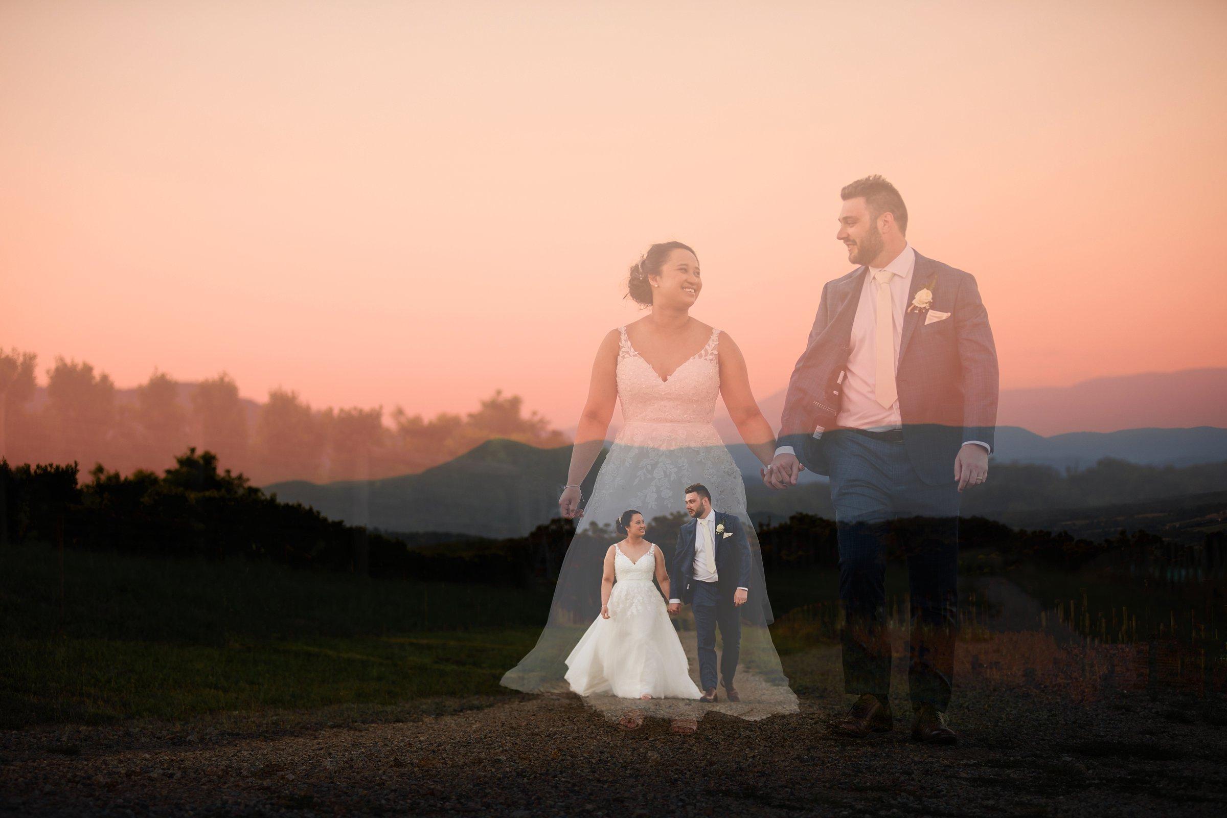 double exposure photo of bride and groom walking and holding hands at Killara Estate Wedding