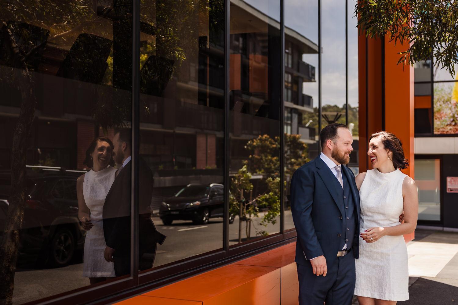 bride and groom elopement portraits in abbotsford streets