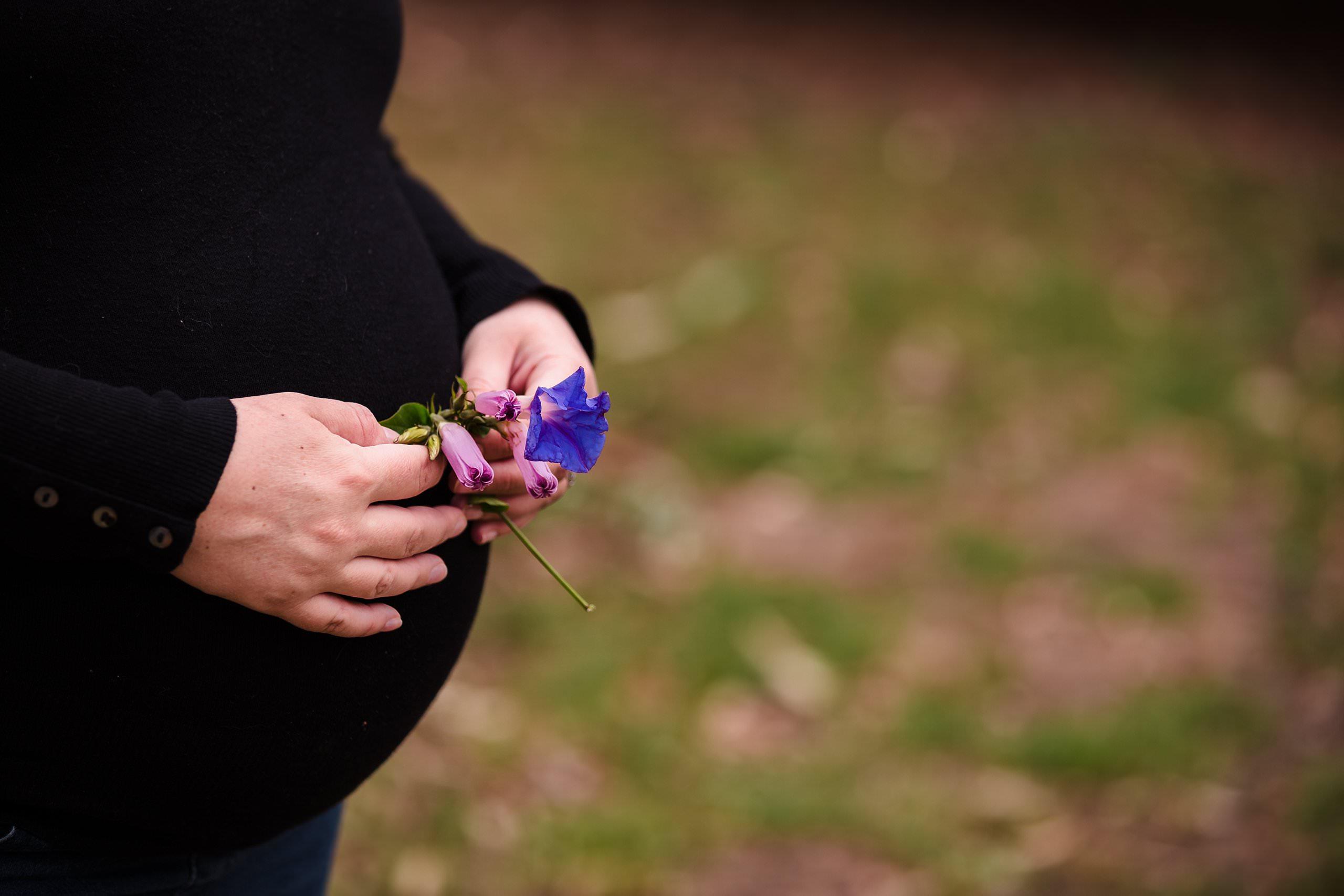 pregnant woman holding purple flowers in front of her belly