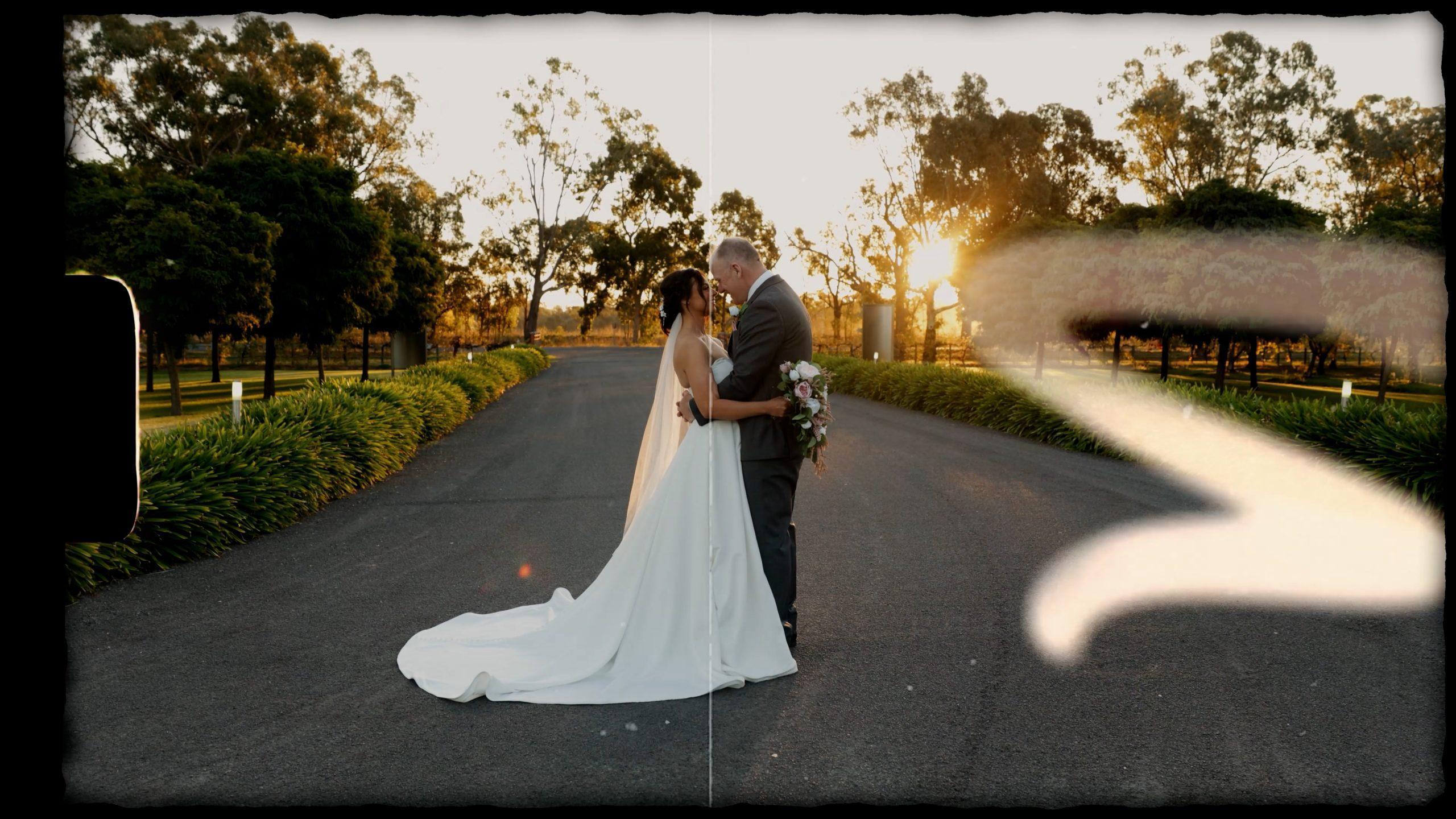 Bride and Groom holding each other during sunset portraits at Olivehouse Shepparton Wedding